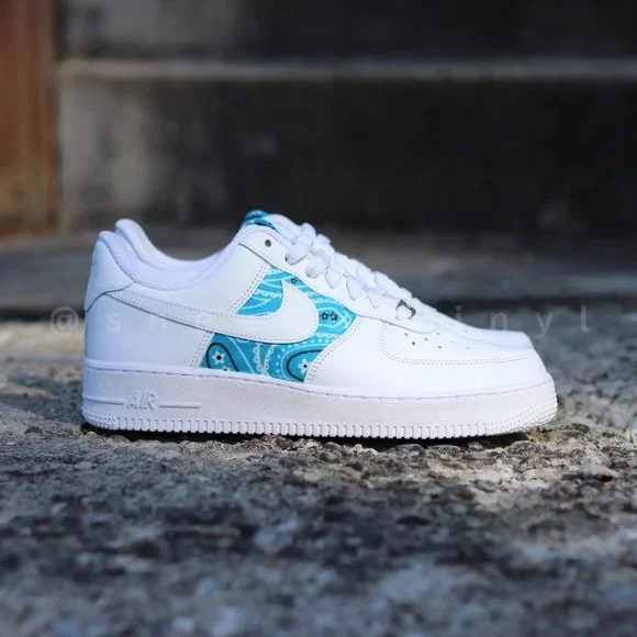 Nike Air Force 1 Low Aqua Blue Bandana Custom NWT - Picture 3 of 9
